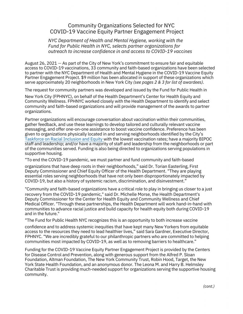 Image of the Fund for Public Health NYC press release. Click to read PDF